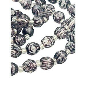 Vintage Striped Czech Glass necklace Black And Clear Beads Faceted Long Strand